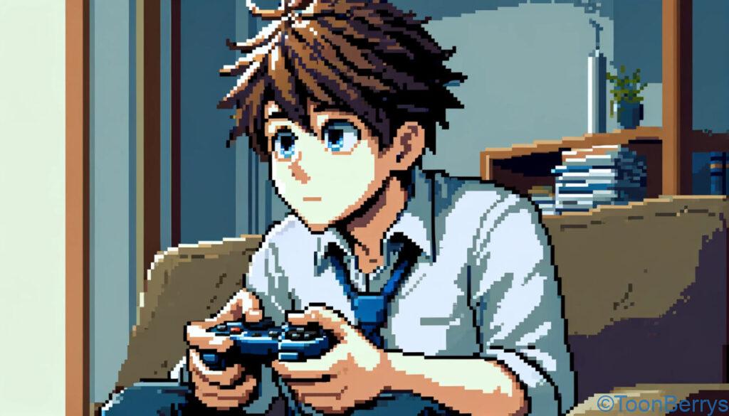 寂れた銭湯を立て直す「Spirittea」の成功物語とYouTuberの影響力 12 ビデオゲームをプレイしている人を描いたピクセルアート。キャラクターは首をわずかに傾けて不思議そうな表情をしており、手にはコントローラーを持ってゲームに集中しています。