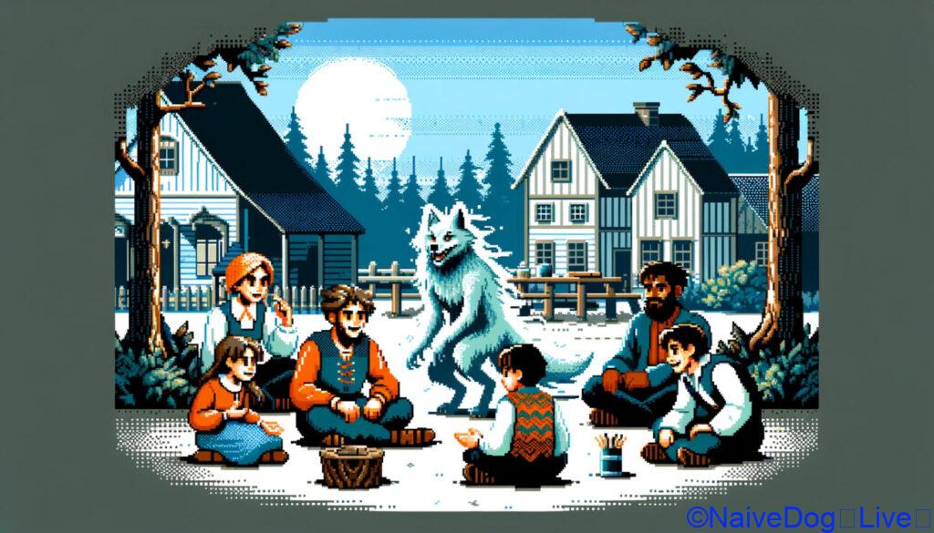 8ビットスタイルで描かれたピクセルアートのイラストです。約5人の村人が集まって話し合っているシーンが描かれており、その中の一人の背後には擬人化した狼の霊のような姿が取り憑いています。