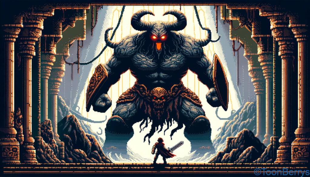 まさかのドラクエ人狼、そして大和田さんが新たな勇者に! 4 8ビットスタイルで描かれたピクセルアートのイラストです。勇者が剣と盾を携え、強大な魔王に挑戦しようとしているシーンが描かれています。