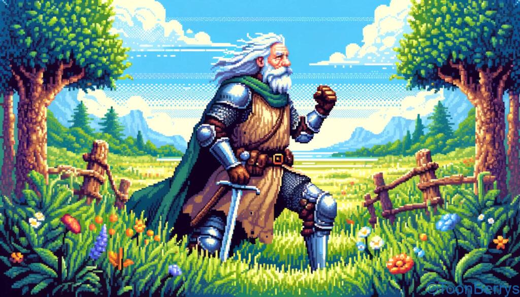 まさかのドラクエ人狼、そして大和田さんが新たな勇者に! 6 8ビットスタイルで描かれたピクセルアートのイラストです。顎髭のない、西洋の鎧を着た戦士が草原を冒険しているシーンが描かれています。
