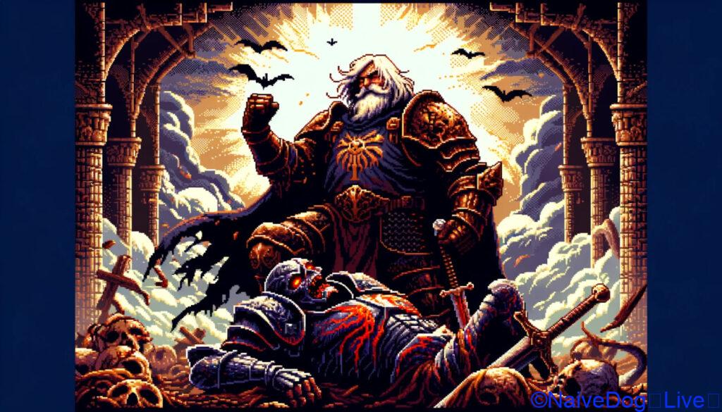 8ビットスタイルで描かれたピクセルアートのイラストです。顎髭のないおじいちゃん戦士が、ついに魔王を倒すシーンが描かれています。