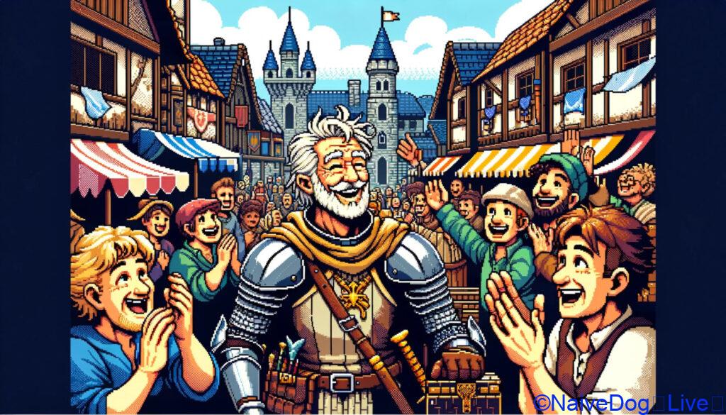 8ビットスタイルで描かれたピクセルアートのイラストです。顎髭のないおじいちゃん戦士が城下町で、魔王を倒したことを祝福され、笑顔で人々に手を振っているシーンが描かれています。