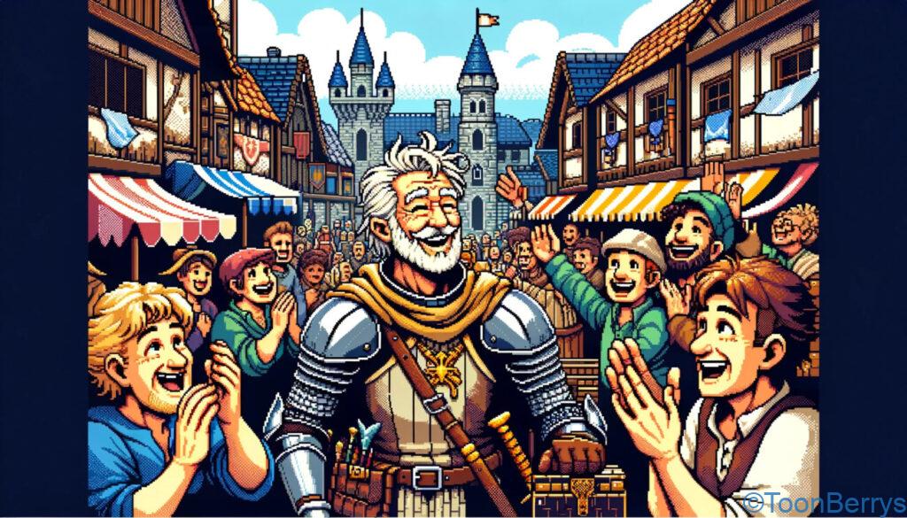 まさかのドラクエ人狼、そして大和田さんが新たな勇者に! 8 8ビットスタイルで描かれたピクセルアートのイラストです。顎髭のないおじいちゃん戦士が城下町で、魔王を倒したことを祝福され、笑顔で人々に手を振っているシーンが描かれています。