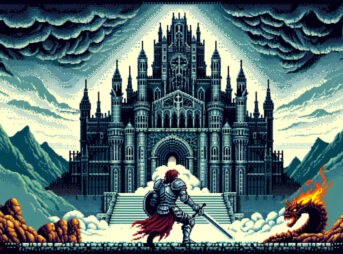 8ビットスタイルで描かれたピクセルアートのイラストです。勇者が魔王の城に挑むシーンが描かれています。