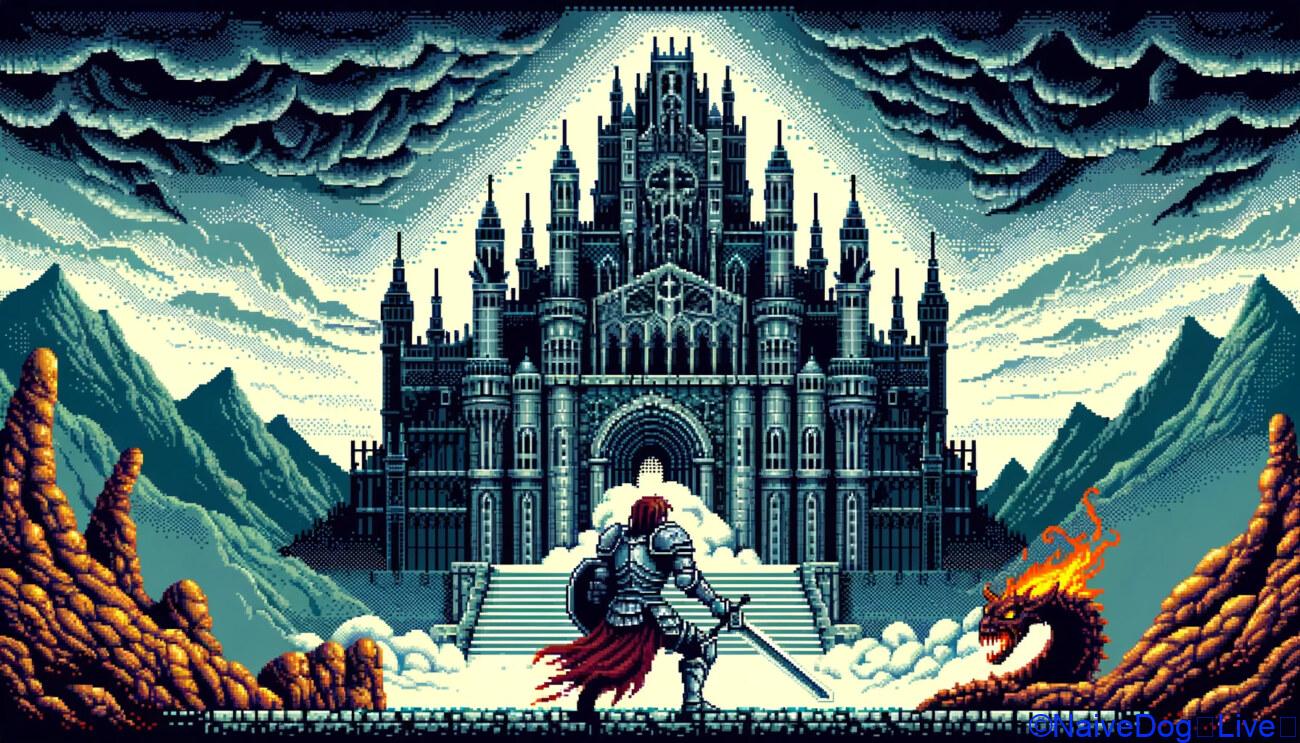 8ビットスタイルで描かれたピクセルアートのイラストです。勇者が魔王の城に挑むシーンが描かれています。