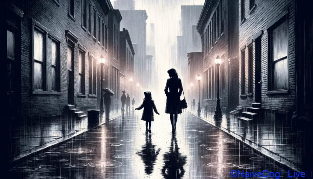 雨と女性と女の子と街路
