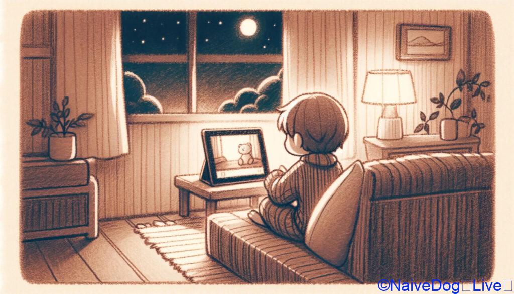 寝室で動画をタブレットで見る少年