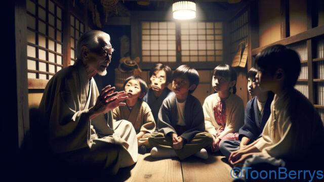 怪談話を聞かせる老人と聞く少年たち