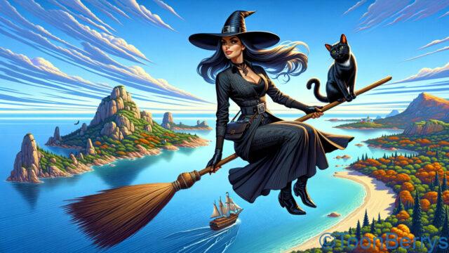 箒で猫と一緒に空を飛ぶ魔女