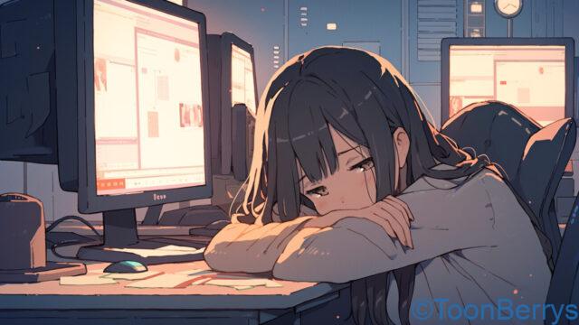 パソコン作業に疲れているのと寂しさを感じている女性