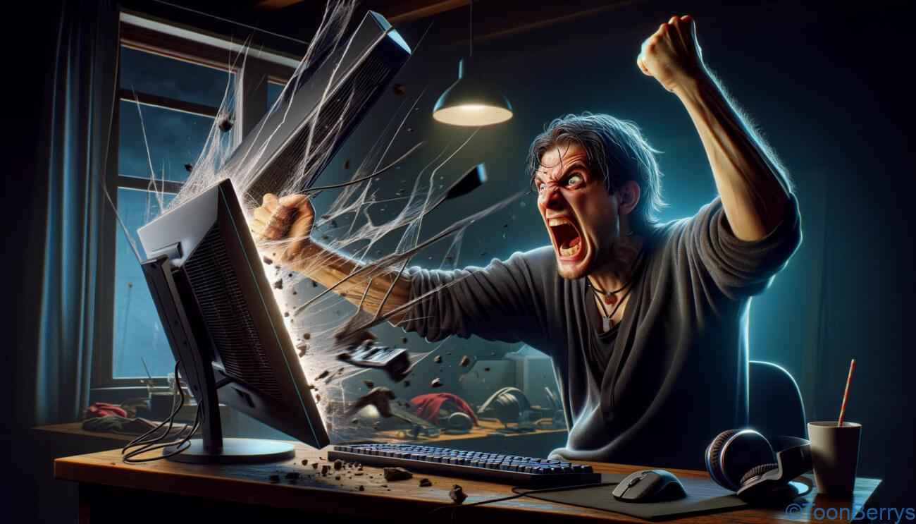 吠える陣内智則、イライラMAX「mess adventure」の恐怖。 1 ものすごく怒っている男性のイラスト、モニターを壊している