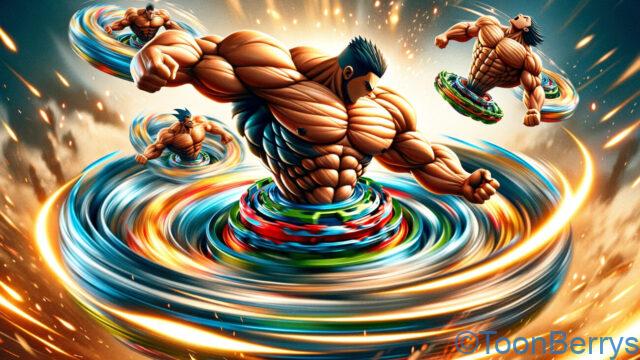 下半身がベーゴマ（ベイブレード）で、そこから上半身が生えているようなスタイルのキャラクターたちが戦っているシーンを描いています