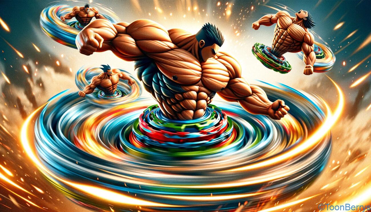 Join the Men with Beyblade Bottoms in an Unrivaled Challenge! 1 下半身がベーゴマ(ベイブレード)で、そこから上半身が生えているようなスタイルのキャラクターたちが戦っているシーンを描いています