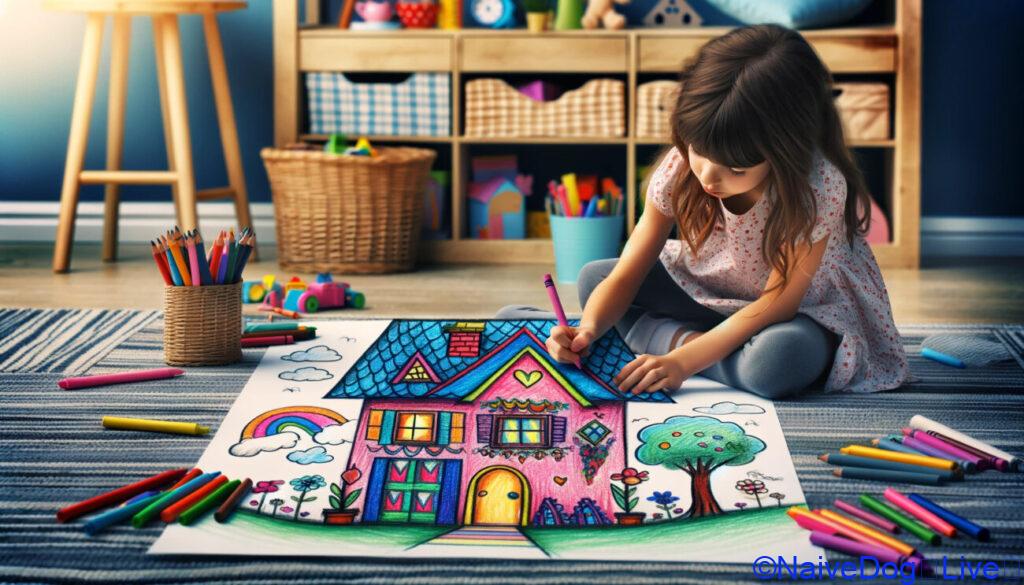 女の子がお家を描いているイラスト