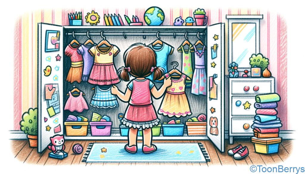 女の子が洋服を選んでいるイラスト