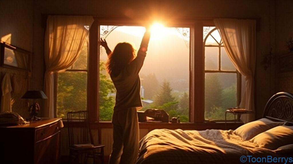 革新的な睡眠体験:ブルーブラッド枕の驚きの効果 16 目覚めの良い朝を迎えた女性