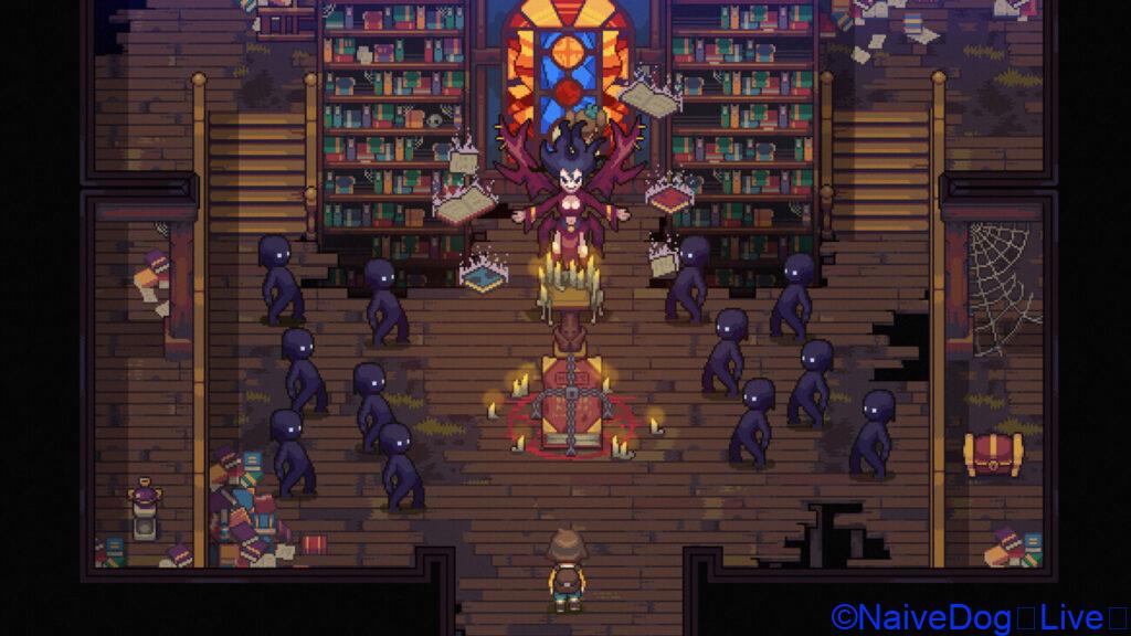 Envision a mystical and eerie illustration set in an ancient library. An otherworldly witch, surrounded by bizarre and monstrous creatures, is conducting a mysterious ritual among the aged books and dimly lit shelves. This scene combines elements of fantasy, magic, and a touch of darkness.