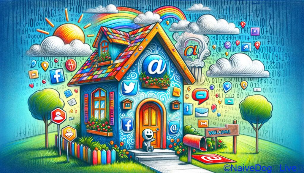 個性的な「インターネットの家」を描いたイラスト。カラフルでユニークな家は、ウェブサイトのようなデザインで、ソーシャルメディアのアイコンが窓として描かれている。家の前には、デジタル空間に満足していると思われる、笑顔の人物がいる。