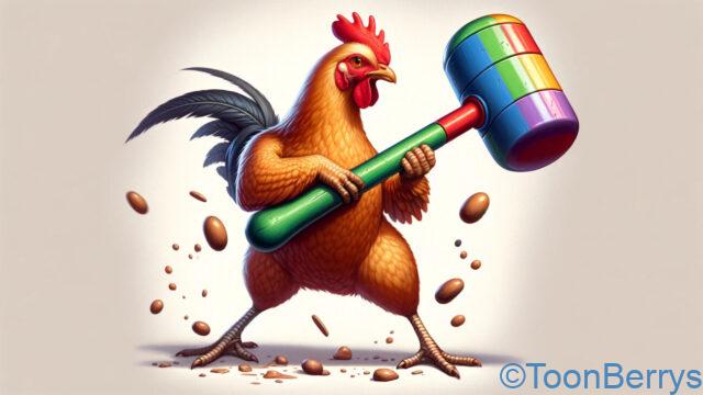 ニワトリがハンマーを持っているイラスト