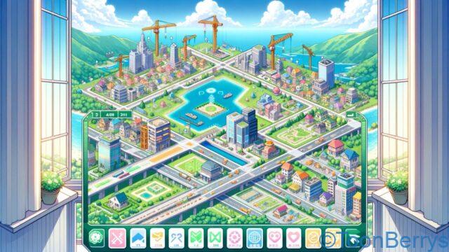 ゲームの中で街作りしているイラスト