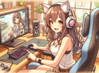可愛い女の子がゲーミングパソコンでゲーミングチェアでゲームをしている