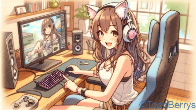 可愛い女の子がゲーミングパソコンでゲーミングチェアでゲームをしている