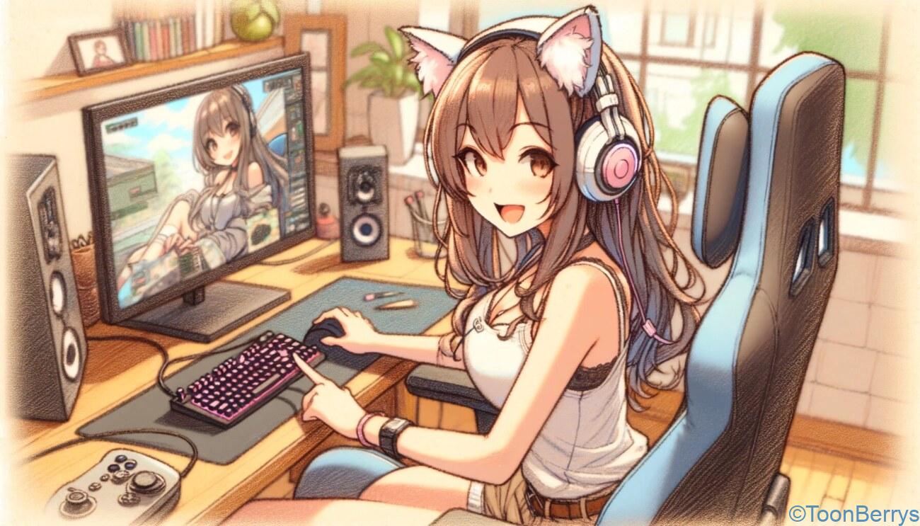 ゲームの世界を支える座り心地の革命 - ジーティーレーシングのゲーミングチェア 1 可愛い女の子がゲーミングパソコンでゲーミングチェアでゲームをしている