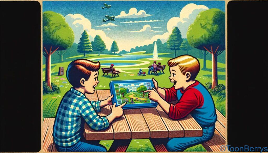 スタッフとみんなで謎解きだ!switchで遊ぶ陣内と「謎解きIQクイズ」を見る 8 みんなで脳トレゲームで遊んでいるイラスト