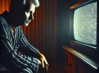 A middle-aged man sitting alone late at night, staring blankly at a television displaying static noise. He looks drowsy, slightly dozing off as the flickering screen casts a dim glow on his face. The room is dark and quiet, with a melancholic and lonely atmosphere. The setting has a nostalgic, somewhat eerie feeling, emphasizing the solitude of the moment.