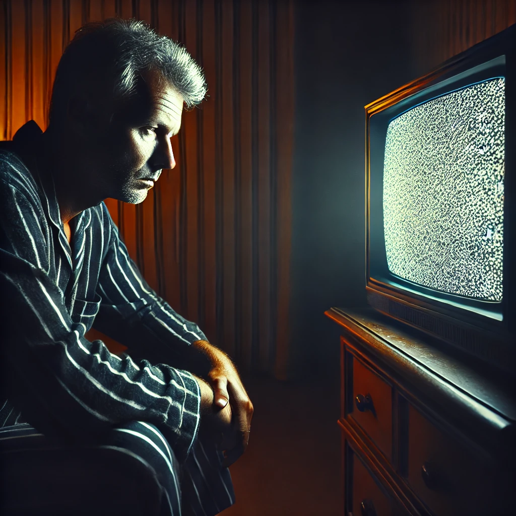 A middle-aged man sitting alone late at night, staring blankly at a television displaying static noise. He looks drowsy, slightly dozing off as the flickering screen casts a dim glow on his face. The room is dark and quiet, with a melancholic and lonely atmosphere. The setting has a nostalgic, somewhat eerie feeling, emphasizing the solitude of the moment.