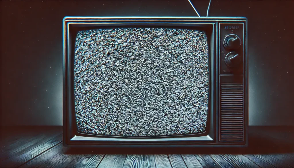 A close-up of a television screen displaying static noise (snowy screen). The entire screen is filled with fine, detailed static, creating a grainy and distorted visual effect. The image represents a classic analog TV with a disrupted signal, evoking a nostalgic and eerie atmosphere. The focus is solely on the television screen, emphasizing the chaotic noise pattern.