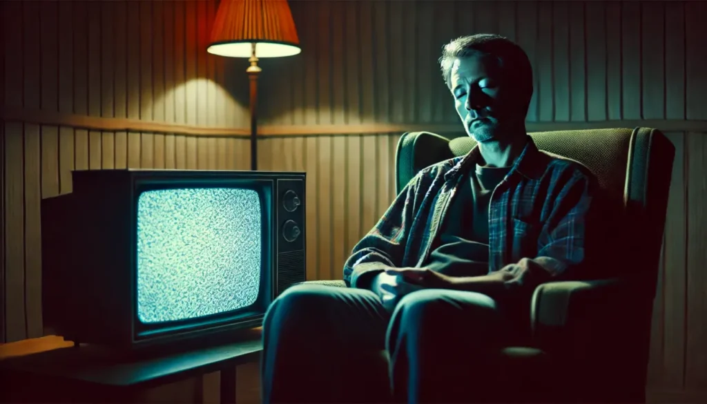 A middle-aged man sitting alone late at night, staring blankly at a television displaying static noise. He looks drowsy, slightly dozing off as the flickering screen casts a dim glow on his face. The room is dark and quiet, with a melancholic and lonely atmosphere. The setting has a nostalgic, somewhat eerie feeling, emphasizing the solitude of the moment.