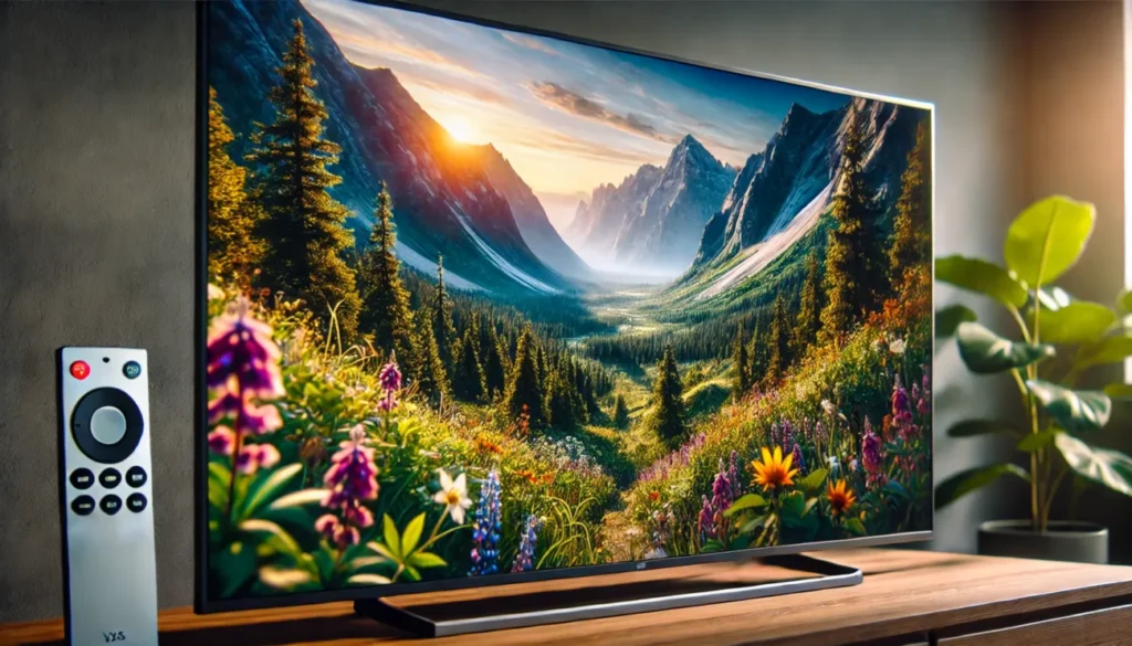 A close-up of a television screen displaying a realistic nature scene. The screen shows a beautiful, high-definition landscape with mountains, forests, and flowers. The colors are vibrant, and the details are sharp, creating an immersive and peaceful atmosphere. The focus is solely on the television screen, emphasizing the beauty of nature being displayed.