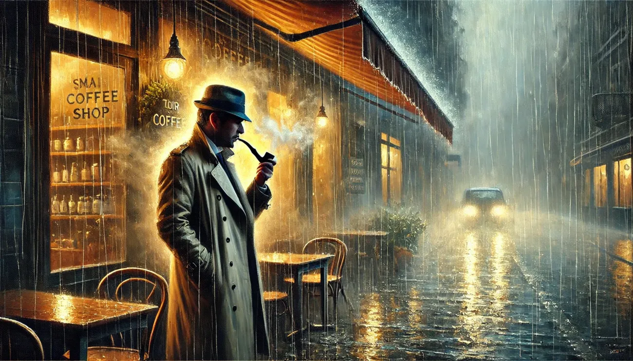 こちらも解体せよ、「和階堂真の事件簿」を解体せよ! 8 A wide oil painting-style scene of a man standing under the awning of a small coffee shop during a heavy rainstorm. He wears a trench coat and a hat, and is smoking a pipe, with smoke curling around his face and mixing with the misty, rainy air. The café's warm glow spills out onto the wet sidewalk, contrasting with the cold, gray, foggy atmosphere outside. The man's face is partly shadowed and obscured by the smoke and rain, adding to his mysterious presence. Raindrops fall around him, and the reflections on the street shimmer with moody, oil-painted texture.